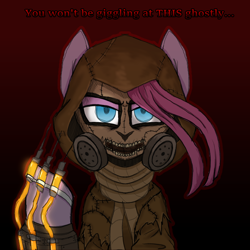 Size: 3000x3000 | Tagged: safe, artist:legendoflink, derpibooru import, pinkie pie, pony, batman arkham asylum, clothing, female, gas mask, gradient background, hood, mare, mask, needles, pinkamena diane pie, pinktober, scarecrow, solo, the scarecrow