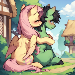 Size: 1024x1024 | Tagged: safe, ai content, derpibooru import, machine learning generated, fluttershy, oc, oc:anon stallion, pegasus, anonymous prompter, blank flank, blushing, cloud, duo, duo male and female, eyes closed, female, happy, house, hug, hug from behind, looking back, male, outdoors, sitting, sky, stallion, tree, unshorn fetlocks