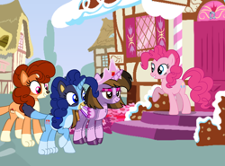 Size: 1084x800 | Tagged: safe, artist:noi kincade, derpibooru import, pinkie pie, oc, oc:princess kincade, alicorn, dog, dog pony, earth pony, original species, g4, alicorn oc, bingo heeler, bluey, bluey heeler, female, horn, ponified, rule 85, screencap background, sugarcube corner, wings