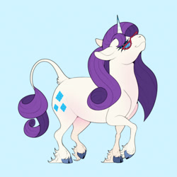 Size: 1500x1500 | Tagged: safe, artist:lildarkvixen, derpibooru import, rarity, classical unicorn, pony, unicorn, g4, cloven hooves, female, glasses, horn, leonine tail, light blue background, mare, raised head, raised hoof, raised leg, rarity's glasses, simple background, smiling, solo, tail, unshorn fetlocks