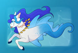 Size: 1574x1089 | Tagged: safe, artist:lildarkvixen, derpibooru import, whitecap, merpony, g1, blush scribble, blushing, bubble, dorsal fin, fin, fins, flowing mane, hooves, jewelry, necklace, ocean, scales, smiling, solo, swimming, tongue, tongue out, underwater, water