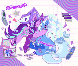 Size: 640x543 | Tagged: safe, artist:emoboy130, derpibooru import, starlight glimmer, trixie, pony, unicorn, abstract background, alternate accessories, bandaid, blue bow, blue coat, blue hooves, blue mane, blue tail, blushing, bow, chest fluff, clothes, colored hooves, colored pinnae, commission, cute, cute little fangs, diatrixes, duo, duo female, ear blush, ear fluff, ears, eyebrows, fangs, female, flip phone, glimmerbetes, grid background, hair bow, hat, heart, hoof polish, hooves, horn, kiss on the cheek, kissing, lesbian, mare, mixed media, nail polish, pink coat, playing card, purple hooves, raised eyebrow, raised hoof, raised leg, shiny hooves, shipping, signature, sitting, sparkles, staff, staff of sameness, star bracelet, starlight wearing trixie's hat, stars, startrix, tail, tail accessory, tail bow, three toned mane, three toned tail, trixie's hat, two toned mane, two toned tail, unicorn horn, watermark