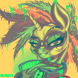 Size: 1200x1200 | Tagged: safe, artist:@cameron, derpibooru import, rarity, goo, unicorn, alternate hairstyle, blue eyes, blue eyeshadow, collar, cyberpunk, eyelashes, eyeshadow, female, futuristic, glossy, glowing, horn, looking at you, makeup, mohawk, neon, punk, raripunk, red jacket, simple background, smiling, smirk, solo, spiked collar, yellow shirt