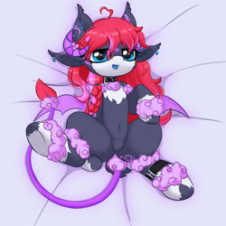 Size: 2000x2000 | Tagged: safe, artist:one4pony, derpibooru import, oc, oc only, oc:夕霞•焰心, dracony, dragon, hybrid, succubus, succubus pony, bed, belly, belly button, collar, featureless crotch, female, lying down, lying on bed, mare, on bed, presenting, smiling, solo, spread legs, spreading, underhoof