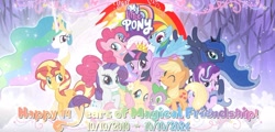 Size: 1454x697 | Tagged: artist needed, source needed, safe, derpibooru import, applejack, fluttershy, pinkie pie, princess celestia, princess luna, rainbow dash, rarity, spike, starlight glimmer, sunset shimmer, twilight sparkle, twilight sparkle (alicorn), alicorn, earth pony, pegasus, pony, unicorn, crown, forest background, horn, jewelry, mane six, mlp fim's fourteenth anniversary, regalia