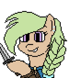 Size: 450x510 | Tagged: safe, alternate version, artist:nukepony360, derpibooru import, oc, oc only, oc:coin flip, earth pony, pony, alternate character, artfight, bust, cloak, clothes, dagger, digital art, ear piercing, female, mare, piercing, pixel art, portrait, simple background, solo, transparent background, weapon