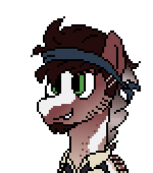 Size: 450x510 | Tagged: safe, alternate version, artist:nukepony360, derpibooru import, oc, oc only, oc:lucky shot, pegasus, pony, alternate character, artfight, bandana, bust, clothes, digital art, facial hair, goatee, male, pirate, pixel art, portrait, shirt, simple background, solo, stallion, transparent background, vest