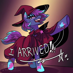 Size: 2166x2166 | Tagged: safe, artist:overlordneon, derpibooru import, oc, oc only, oc:glam rock, earth pony, pony, cape, clothes, ears, floppy ears, hat, looking at you, magical lesbian spawn, magical threesome spawn, multiple parents, offspring, open mouth, open smile, parent:maud pie, parent:starlight glimmer, parent:trixie, parents:starmauxie, smiling, solo, talking to viewer, wizard hat