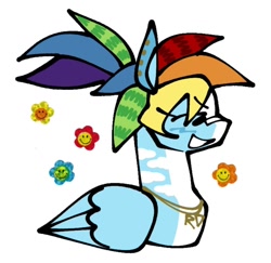 Size: 1110x1080 | Tagged: safe, artist:sha, derpibooru import, rainbow dash, pony, accessory, bandaid, bandaid on nose, bust, ear piercing, earring, flower, folded wings, jewelry, necklace, piercing, ponytail, portrait, simple background, smiling, solo, sticker, white background, wings