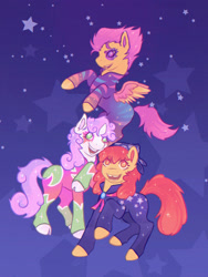 Size: 1668x2224 | Tagged: safe, artist:saccharinetrash, derpibooru import, apple bloom, scootaloo, sweetie belle, earth pony, pegasus, pony, unicorn, clothes, cloven hooves, female, filly, foal, horn, show stopper outfits, starry eyes, stars, wingding eyes