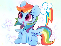 Size: 4000x3000 | Tagged: safe, artist:zokkili, derpibooru import, rainbow dash, pegasus, pony, g4, beanbrows, cute, dashabetes, ear fluff, ears, eyebrows, eyebrows visible through hair, female, high res, mare, open mouth, open smile, signature, sitting, smiling, solo, spread wings, stars, tail, wings