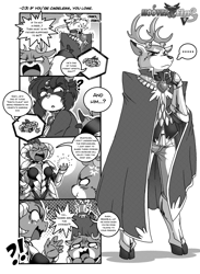 Size: 1500x2044 | Tagged: safe, artist:boastudio, derpibooru import, bramble, king aspen, princess ember, oc, oc:ullr, anthro, deer, dragon, armor, cape, clothes, comic, deer oc, non-pony oc