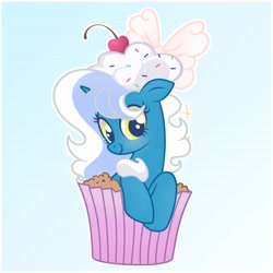 Size: 6890x6890 | Tagged: safe, artist:riofluttershy, derpibooru import, oc, oc only, oc:fleurbelle, alicorn, pony, alicorn oc, blue background, blushing, bow, cake, cherry, cupcake, female, food, frosting, golden eyes, hair bow, horn, mare, pink bow, simple background, smiling, solo, sprinkles, tail, two toned hair, two toned mane, two toned tail, wings