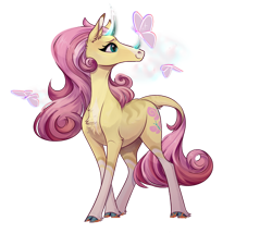 Size: 1000x857 | Tagged: safe, artist:silverfir, derpibooru import, fluttershy, abada, butterfly, collaboration, g4, butterfly on nose, chest fluff, cloven hooves, collaboration:bestiary of fluttershy, female, horns, insect on nose, leonine tail, mare, simple background, solo, species swap, tail, transparent background