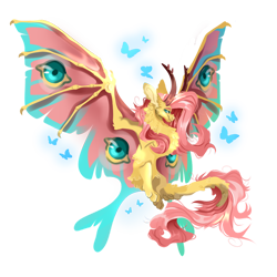 Size: 1000x1000 | Tagged: safe, artist:mouse tail, derpibooru import, fluttershy, butterfly, collaboration, g4, chest fluff, collaboration:bestiary of fluttershy, curved horn, female, horn, horns, leonine tail, simple background, solo, species swap, spread wings, tail, transparent background, wings, wyvern