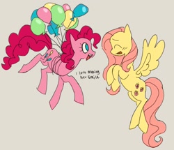 Size: 1887x1622 | Tagged: safe, artist:zorotac, derpibooru import, fluttershy, pinkie pie, earth pony, pegasus, pony, balloon, cute, duo, duo female, female, gray background, mare, open mouth, open smile, simple background, smiling, smiling at someone