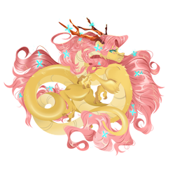 Size: 1000x969 | Tagged: safe, artist:mouse tail, derpibooru import, fluttershy, dragon, collaboration, g4, antlers, collaboration:bestiary of fluttershy, dragonified, eastern dragon, female, flutterdragon, simple background, solo, species swap, transparent background