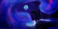 Size: 1700x850 | Tagged: safe, artist:eugenchen, derpibooru import, nightmare moon, alicorn, pony, g4, banishment, bat wings, curved horn, ethereal mane, female, horn, long hair, long tail, mare, moon, one wing out, planet, sitting, solo, space, starry mane, stars, tail, watermark, wings