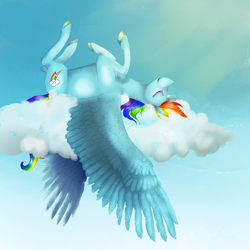 Size: 1700x1700 | Tagged: safe, artist:eugenchen, derpibooru import, rainbow dash, pegasus, pony, g4, backwards cutie mark, cloud, crepuscular rays, eyes closed, female, lying down, mare, nap, on a cloud, on back, sky, sleeping, sleeping on a cloud, solo, spread wings, wings