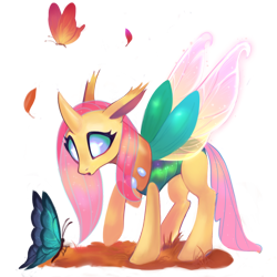 Size: 1000x1000 | Tagged: safe, artist:switchsugar, derpibooru import, fluttershy, butterfly, changedling, changeling, collaboration, g4, changedlingified, changelingified, collaboration:bestiary of fluttershy, female, flutterling, simple background, solo, species swap, transparent background