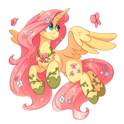 Size: 1000x1000 | Tagged: safe, artist:skysorbett, derpibooru import, fluttershy, alicorn, butterfly, pony, collaboration, g4, alicornified, beautiful, chest fluff, collaboration:bestiary of fluttershy, female, flower, flower in hair, fluttercorn, flying, hoof shoes, horn, jewelry, leg fluff, mare, necklace, peytral, princess shoes, race swap, simple background, solo, spread wings, transparent background, wings