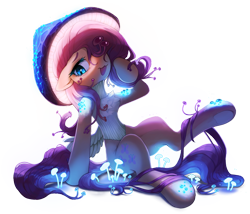 Size: 1000x856 | Tagged: safe, alternate version, artist:astralblues, derpibooru import, fluttershy, original species, pegasus, pony, collaboration, g4, chest fluff, collaboration:bestiary of fluttershy, colored eyebrows, ears, eyebrows, female, floppy ears, glowing, glowing mushroom, high res, looking at you, mare, mushroom, mushroom pony, mushroomified, open mouth, open smile, signature, simple background, sitting, smiling, smiling at you, solo, species swap, transparent background, underhoof, wings