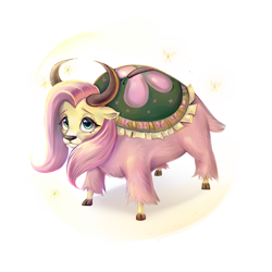 Size: 1000x1000 | Tagged: safe, artist:ske, derpibooru import, fluttershy, butterfly, yak, collaboration, g4, collaboration:bestiary of fluttershy, female, horns, simple background, solo, species swap, transparent background, yakified