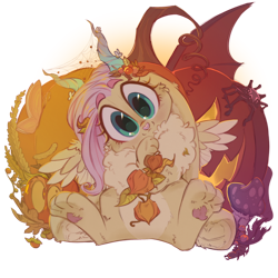 Size: 1000x1000 | Tagged: safe, artist:wacky-skiff, derpibooru import, discord, fluttershy, spider, collaboration, g4, chest fluff, collaboration:bestiary of fluttershy, eyebrows, eyebrows visible through hair, female, halloween, holiday, horns, jack-o-lantern, jackalope, mushroom, pumpkin, solo, species swap, wings