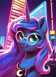 Size: 2048x2816 | Tagged: safe, ai content, derpibooru import, generator:pony diffusion v6 xl, generator:stable diffusion, machine learning generated, princess luna, alicorn, pony, g4, bust, city, female, glasses, horn, looking at you, mare, neon, night, outdoors, portrait, prompter:star-dragon, retrowave, round glasses, smiling, smiling at you, solo