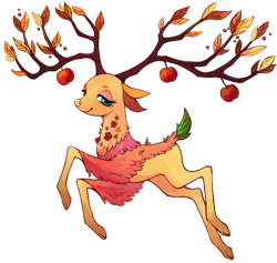 Size: 1000x946 | Tagged: safe, alternate version, artist:weird--fish, derpibooru import, fluttershy, the great seedling, deer, collaboration, g4, going to seed, apple, cloven hooves, collaboration:bestiary of fluttershy, concave belly, flutterdeer, food, quadrupedal, simple background, slender, solo, species swap, thin, thin legs, transparent background