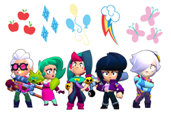 Size: 6000x4000 | Tagged: safe, derpibooru import, applejack, fluttershy, pinkie pie, rainbow dash, rarity, human, barely pony related, belle (brawl stars), bibi, bibi (brawl stars), brawl stars, brawler, chester, chester (brawl stars), clothes, colette, colette (brawl stars), crossover, cutie mark, dress, female, glasses, hat, jacket, jester hat, jester outfit, lola, lola (brawl stars), male, pants, shoes, supercell, vest