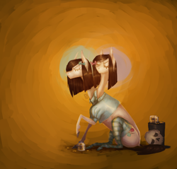 Size: 1432x1367 | Tagged: safe, artist:eugenchen, derpibooru import, earth pony, pony, abstract background, bow, clara buhalmet, clothes, conjoined, conjoined twins, female, fran bow, hair bow, jar, mare, mia buhalmet, multiple heads, ponified, sitting, skull, socks, species swap, striped socks