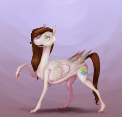 Size: 1385x1326 | Tagged: safe, artist:eugenchen, derpibooru import, oc, oc only, oc:wolfie drawie, pegasus, pony, abstract background, concave belly, female, mare, mouth hold, paintbrush, solo