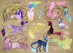 Size: 2160x1584 | Tagged: safe, artist:eugenchen, derpibooru import, applejack, daring do, derpy hooves, fluttershy, pinkie pie, princess celestia, princess luna, rainbow dash, rarity, starlight glimmer, tempest shadow, twilight sparkle, twilight sparkle (alicorn), alicorn, earth pony, pegasus, pony, unicorn, g4, abstract background, alternate hairstyle, broken horn, colored sketch, colored wings, colored wingtips, curved horn, derp, eyes closed, female, horn, leonine tail, lying down, magic, mare, missing accessory, mug, multicolored wings, pinkamena diane pie, ponytail, prone, rainbow wings, sitting, sketch, sketch dump, spread wings, starlight glimmer is not amused, tail, telekinesis, tongue, tongue out, unamused, wings