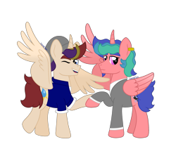 Size: 2303x2140 | Tagged: safe, artist:kosmiktym, derpibooru import, oc, oc:covet-dawndrop, oc:stardew-serandite, alicorn, pony, clothes, horn, male, multiple characters, simple background, stallion, transparent background, wings