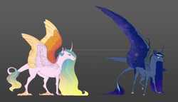 Size: 3605x2059 | Tagged: safe, artist:eugenchen, derpibooru import, princess celestia, princess luna, alicorn, pony, g4, alternate design, claws, colored wings, colored wingtips, curved horn, female, gradient background, horn, leonine tail, mare, spread wings, tail, unshorn fetlocks, wing claws, wings