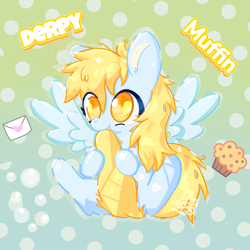 Size: 4200x4200 | Tagged: safe, artist:winstiky, derpibooru import, derpy hooves, pegasus, blue coat, cute, derpabetes, food, golden eyes, gradient background, mail, muffin, name, solo, tail, text, yellow mane, yellow tail