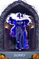 Size: 1625x2445 | Tagged: safe, artist:alrumoon_art, artist:dorry, derpibooru import, princess luna, alicorn, pony, collaboration, g4, clothes, cloud, collaboration:nightmare night event (2022), female, hat, looking at you, mare, pumpkin, solo