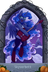 Size: 1625x2445 | Tagged: safe, artist:alrumoon_art, artist:skysorbett, derpibooru import, princess luna, alicorn, semi-anthro, collaboration, g4, boots, chest fluff, clothes, collaboration:nightmare night event (2022), fangs, female, flying, guitar, mountain, musical instrument, shoes, slit eyes, solo, tanktop, unshorn fetlocks