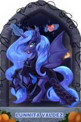 Size: 1625x2445 | Tagged: safe, artist:alrumoon_art, artist:lunnitavaldez, derpibooru import, princess luna, alicorn, bat pony, bat pony alicorn, pony, collaboration, g4, apple, bat wings, clothes, collaboration:nightmare night event (2022), fangs, female, food, horn, magic, mare, rearing, spread wings, telekinesis, wings