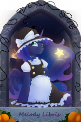 Size: 1625x2445 | Tagged: safe, artist:alrumoon_art, artist:melodylibris, derpibooru import, princess luna, alicorn, pony, collaboration, g4, clothes, collaboration:nightmare night event (2022), cosplay, costume, dress, female, kirisame marisa, mare, pumpkin, smiling, solo, stars, tangible heavenly object, touhou