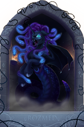 Size: 1625x2445 | Tagged: safe, artist:alrumoon_art, artist:rozmed, derpibooru import, princess luna, gorgon, pony, snake, collaboration, g4, bat wings, collaboration:nightmare night event (2022), fangs, female, forked tongue, mare, solo, unshorn fetlocks, wings