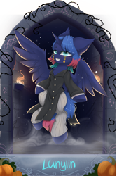 Size: 4000x5977 | Tagged: safe, artist:alrumoon_art, artist:lunylin, derpibooru import, princess luna, alicorn, pony, collaboration, g4, clothes, collaboration:nightmare night event (2022), constellation hair, female, flying, mare, solo, spread wings, wings