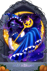 Size: 1625x2445 | Tagged: safe, artist:alrumoon_art, artist:astralblues, derpibooru import, princess luna, alicorn, pony, semi-anthro, collaboration, g4, chest fluff, clothes, collaboration:nightmare night event (2022), cookie run, cosplay, costume, crescent moon, dress, ear tufts, female, key, looking at you, mare, moon, moonlight cookie, smiling, smiling at you, solo, tangible heavenly object