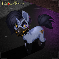 Size: 2000x2000 | Tagged: safe, artist:zettaidullahan, derpibooru import, oc, oc only, oc:tansha, unicorn, cctv, clothes, collar, cyberpunk, glowing, glowing eyes, hieroglyphics, horn, mask, setting: neo somnambula, solo, stockings, thigh highs