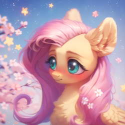 Size: 922x922 | Tagged: safe, ai content, derpibooru import, generator:purplesmart.ai, generator:stable diffusion, machine learning assisted, machine learning generated, blossom, fluttershy, pegasus, pony, g4, beautiful, blushing, cherry blossoms, cute, detailed, ear fluff, ears, embarrassed, flower, flower blossom, flower in hair, fluffy, green eyes, happy, long hair, night, pink mane, prompter:saltyvity, shyabetes, smiling, solo, stars, wings