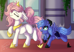 Size: 4093x2894 | Tagged: safe, artist:julunis14, derpibooru import, princess celestia, princess luna, pegasus, pony, unicorn, g4, blank flank, cewestia, crown, cute, cutelestia, duo, duo female, ear fluff, ears, eyes closed, female, filly, floppy ears, fluffy, foal, high res, hoof shoes, horn, indoors, jewelry, leg fluff, lunabetes, open mouth, open smile, pegasus luna, peytral, princess shoes, profile, race swap, raised hoof, raised leg, regalia, royal sisters, siblings, side view, signature, sisters, smiling, tail, unicorn celestia, woona, young celestia, young luna, younger