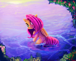 Size: 2500x2000 | Tagged: safe, alternate version, artist:miokomata, derpibooru import, fluttershy, pegasus, pony, g4, 2017, butt, female, flower, high res, looking at you, looking back, mare, plot, signature, solo, water