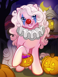 Size: 1800x2400 | Tagged: safe, artist:sparkytopia, derpibooru import, pinkie pie (g3), earth pony, pony, g3, blue eyes, candy, clothes, clown, clown makeup, clown nose, clown outfit, costume, curly hair, curly mane, food, halloween, halloween costume, holiday, jack-o-lantern, outdoors, pink coat, pumpkin, red nose, signature, solo, white mane, ych example