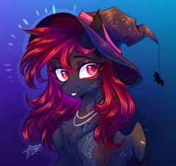 Size: 3440x3240 | Tagged: safe, artist:jsunlight, derpibooru import, oc, oc only, oc:julia_sunlight, pegasus, pony, gradient background, hat, solo, witch hat